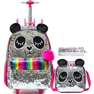 zbaogtw panda rolling backpack for girls kids 3pcs wheeled school backpack with lunch box trolley trip luggage for elementary