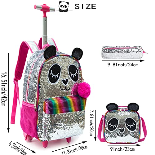 ZBAOGTW Panda Rolling Backpack for Girls Kids 3pcs Wheeled School Backpack with Lunch Box Trolley Trip Luggage for Elementary