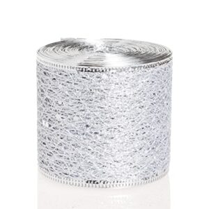 yaseo silver sparkling glitter mesh ribbon, christmas wired edge ribbon for home decor and xmas tree, 2.5 inches x 10 yards