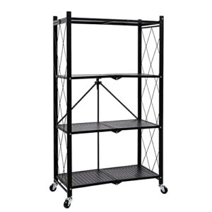 simple deluxe 4-tier heavy duty foldable metal rack storage shelving unit with wheels moving easily organizer shelves great for garage kitchen holds up to 1000 lbs capacity, black, 1-pack