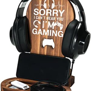 Gamer Gifts for Teenage Boys, Gaming Headphone Stand for Men, Gaming Room Decor Wooden Headset Holder, Son Boyfriend Husband Game Lover Gifts -Sorry I Can't Hear You I'm Gaming