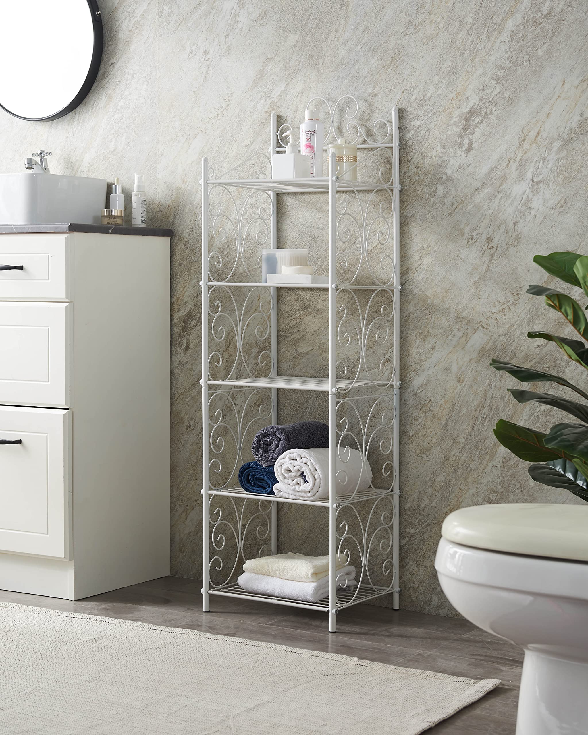 KB Designs - Free-Standing 5 Tier Bathroom Storage Shelf Unit, Metal Rack Shelving for Kitchen Living Room Hallway, White