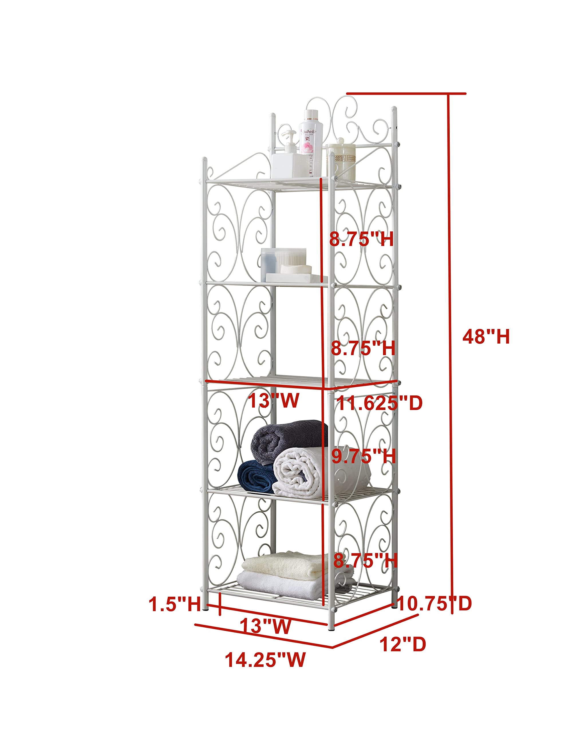 KB Designs - Free-Standing 5 Tier Bathroom Storage Shelf Unit, Metal Rack Shelving for Kitchen Living Room Hallway, White