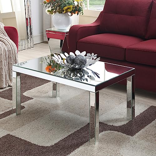 MIREO Coffee Table Mirrored with Crystal Inlay Surface, Rectangle Silver Accent Table, Modern Design Luxury Contemporary Furniture for Living Room from Furniture