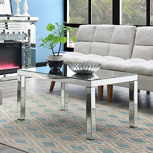 MIREO Coffee Table Mirrored with Crystal Inlay Surface, Rectangle Silver Accent Table, Modern Design Luxury Contemporary Furniture for Living Room from Furniture