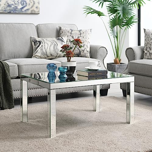 MIREO Coffee Table Mirrored with Crystal Inlay Surface, Rectangle Silver Accent Table, Modern Design Luxury Contemporary Furniture for Living Room from Furniture