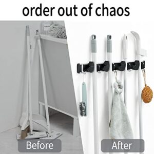 BOTAOSS Mop and Broom Holder Wall Mount, Broom Organizer Wall Mounted, Plastic Storage Organizer Hooks, for Home, Kitchen, Garden, Garage, Laundry(4 Racks 5 Hooks) (Black)