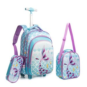 meetbelify girls rolling backpack wheels backpacks kids luggage for elementary preschool students cute suitcase trolley trip wheeled mermaid backpack with lunch box for girls