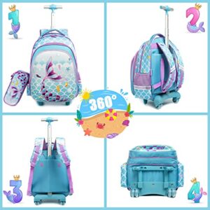 Meetbelify Girls Rolling Backpack Wheels Backpacks Kids Luggage for Elementary Preschool Students Cute Suitcase Trolley Trip Wheeled Mermaid Backpack with Lunch Box for Girls