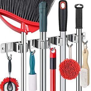 piyl broom holder wall mount garden tool organizer,mop hanger wall mounted garage storage,kitchen,laundry utility rack with 4 racks and 5 hooks - metal wall holder for broom, rake,mop handles up to 3/4”