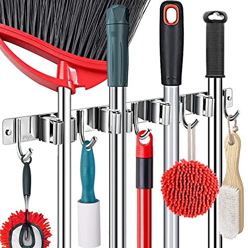 Piyl Broom Holder Wall Mount Garden Tool Organizer,Mop Hanger Wall Mounted Garage Storage,Kitchen,Laundry Utility Rack With 4 Racks and 5 Hooks - Metal Wall Holder For Broom, Rake,Mop Handles Up To 3/4”