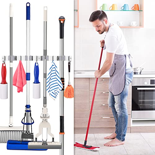 Piyl Broom Holder Wall Mount Garden Tool Organizer,Mop Hanger Wall Mounted Garage Storage,Kitchen,Laundry Utility Rack With 4 Racks and 5 Hooks - Metal Wall Holder For Broom, Rake,Mop Handles Up To 3/4”