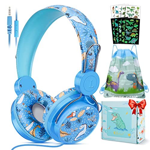 QearFun Dinosaur Headphones for Boys Kids for School, Kids Wired Headphones with Microphone & 3.5mm Jack, Teens Toddlers Noise Cancelling Headphone with Adjustable Headband for Tablet/Smartphones