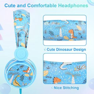 QearFun Dinosaur Headphones for Boys Kids for School, Kids Wired Headphones with Microphone & 3.5mm Jack, Teens Toddlers Noise Cancelling Headphone with Adjustable Headband for Tablet/Smartphones