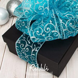 Ribbli Swirl Glitter Wired Ribbon, Turquoise Blue Organza Sheer Ribbon with Sliver Glitter Swirl Pattern and Iridescent Metallic Edge,2-1/2 Inch x 10Yards Christmas Ribbon for Tree Decoration