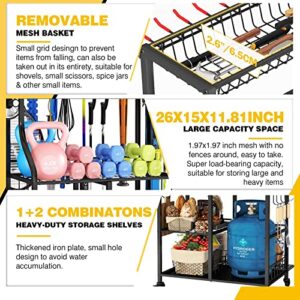 WASAIT Garage Organizer, Large Size Garden Tool Organizer With Wheels Outdoor Tool Storage Yard Tool Utility Racks For Sports Equipment Broom Heavy Duty Steel, Multi-Function Shed Organizer