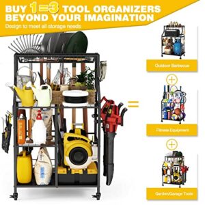 WASAIT Garage Organizer, Large Size Garden Tool Organizer With Wheels Outdoor Tool Storage Yard Tool Utility Racks For Sports Equipment Broom Heavy Duty Steel, Multi-Function Shed Organizer