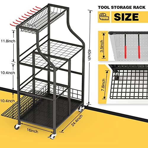 WASAIT Garage Organizer, Large Size Garden Tool Organizer With Wheels Outdoor Tool Storage Yard Tool Utility Racks For Sports Equipment Broom Heavy Duty Steel, Multi-Function Shed Organizer