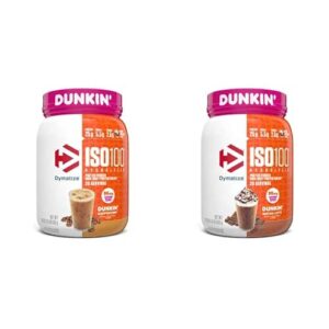 dymatize iso100 hydrolyzed 100% whey isolate protein powder in dunkin' cappuccino flavor + dunkin' mocha latte flavor, 25g protein, 95mg caffeine, 5.5g bcaas, 20 servings