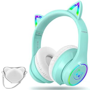 lobkin bluetooth 5.3 kids headphones with case - rgb led light up cat ears foldable adjustable on-ear headset support wireless or 3.5mm wired mode for toddler & girls & boys teens (green)
