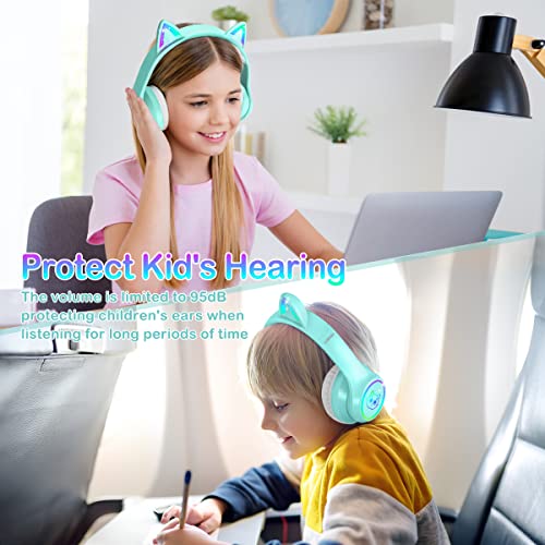 LOBKIN Bluetooth 5.3 Kids Headphones with Case - RGB LED Light Up Cat Ears Foldable Adjustable On-Ear Headset Support Wireless or 3.5mm Wired Mode for Toddler & Girls & Boys Teens (Green)