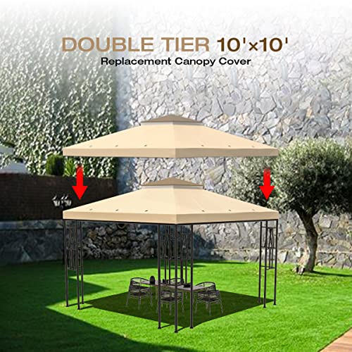 DesiDear 10x10 Canopy Replacement Top Canopy Cover Replacement 10x10 FT Double Tiered Gazebo Covers for Yard Patio Garden Canopy Sunshade (BeigeBrown)