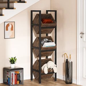 tribesigns basket stand, 3 tier wood shelving unit with baskets, rustic vertical standing basket storage tower for kitchen bathroom living room