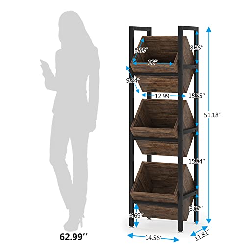 Tribesigns Basket Stand, 3 Tier Wood Shelving Unit with Baskets, Rustic Vertical Standing Basket Storage Tower for Kitchen Bathroom Living Room