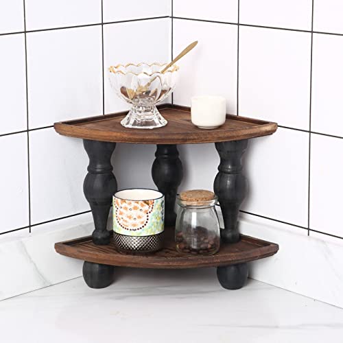 GoFika Small Corner Shelf Stand, 2 Tier Pine Wood Shelving Unit Black, Display Riser for Bathroom, Storage Organizer Rack for Kitchen, Stackable Pedestal Tray for Living Room (L:8in W:8in H:7.5in)