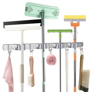 mop and broom holder wall mount, broom and mop organizer wall hanging, stainless steel broom hanger, heavy duty mop holder for home, kitchen, laundry room, garage (4 racks 5 hooks, silver)