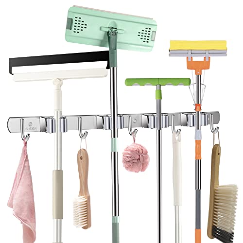 Mop and Broom Holder Wall Mount, broom and mop organizer wall hanging, Stainless Steel Broom Hanger, Heavy Duty Mop Holder for Home, Kitchen, Laundry Room, Garage (4 Racks 5 hooks, silver)