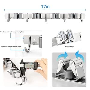 Mop and Broom Holder Wall Mount, broom and mop organizer wall hanging, Stainless Steel Broom Hanger, Heavy Duty Mop Holder for Home, Kitchen, Laundry Room, Garage (4 Racks 5 hooks, silver)