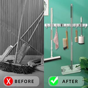 Mop and Broom Holder Wall Mount, broom and mop organizer wall hanging, Stainless Steel Broom Hanger, Heavy Duty Mop Holder for Home, Kitchen, Laundry Room, Garage (4 Racks 5 hooks, silver)