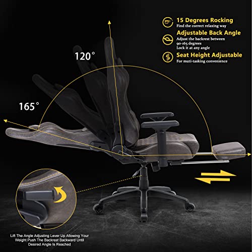 Dowinx Gaming Chair Ergonomic Racing Style Recliner with Massage Lumbar Support,4D armrests Game Chair for Computer PU Leather with Retractable Footrest Brown