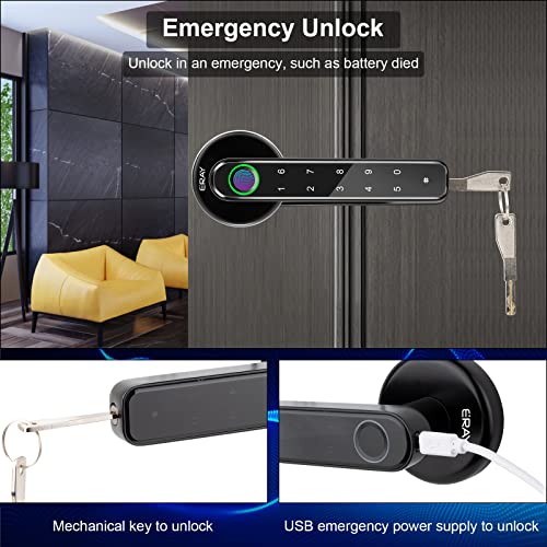 Fingerprint Door Lock Set with Deadbolt, Keyless Entry Door Knob Lock, ERAY Black Keypad Code Door Lever Lock with Handle, Interior Security Lock Kit for Home Hotel Apartment Office Room