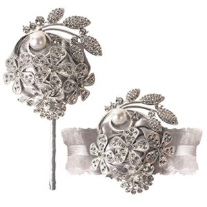 wanlian wrist corsage with peal and rhinestone corsage and boutonniere set for wedding,prom,party (silver gray，2 pieces)