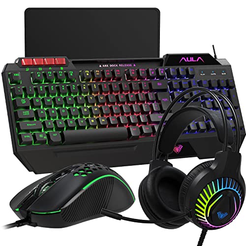 AULA Gaming Keyboard Mouse Headset and Mousepad Combo, Rainbow LED Backlit Gaming Keyboard Mouse Set, USB Wired Bundle for PC Computer Laptop Gamer