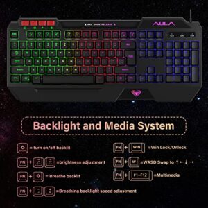 AULA Gaming Keyboard Mouse Headset and Mousepad Combo, Rainbow LED Backlit Gaming Keyboard Mouse Set, USB Wired Bundle for PC Computer Laptop Gamer