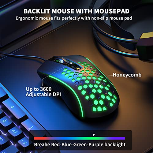 AULA Gaming Keyboard Mouse Headset and Mousepad Combo, Rainbow LED Backlit Gaming Keyboard Mouse Set, USB Wired Bundle for PC Computer Laptop Gamer