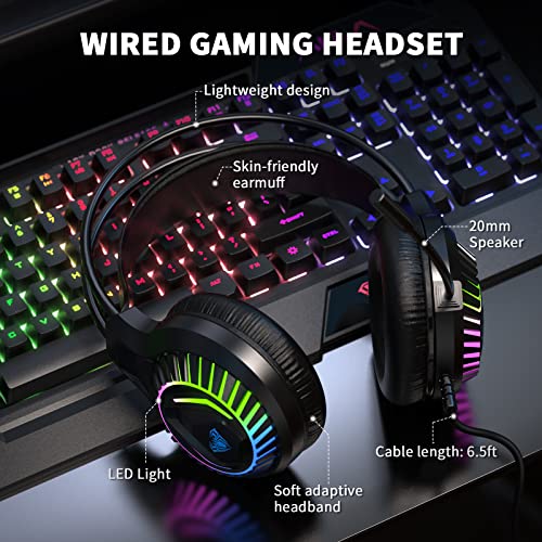 AULA Gaming Keyboard Mouse Headset and Mousepad Combo, Rainbow LED Backlit Gaming Keyboard Mouse Set, USB Wired Bundle for PC Computer Laptop Gamer