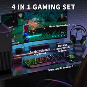 AULA Gaming Keyboard Mouse Headset and Mousepad Combo, Rainbow LED Backlit Gaming Keyboard Mouse Set, USB Wired Bundle for PC Computer Laptop Gamer