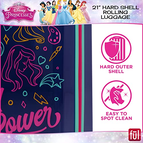 FUL Disney Princess Girl Power 21 Inch Kids Rolling Luggage, Hardshell Carry On Suitcase with Wheels, Multi, Blue (FCGL0028SAMEC-410)