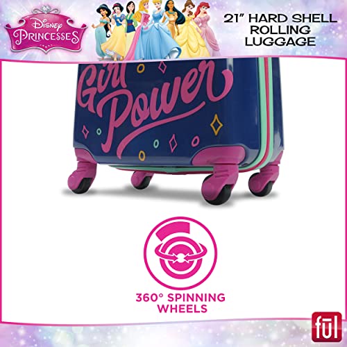 FUL Disney Princess Girl Power 21 Inch Kids Rolling Luggage, Hardshell Carry On Suitcase with Wheels, Multi, Blue (FCGL0028SAMEC-410)