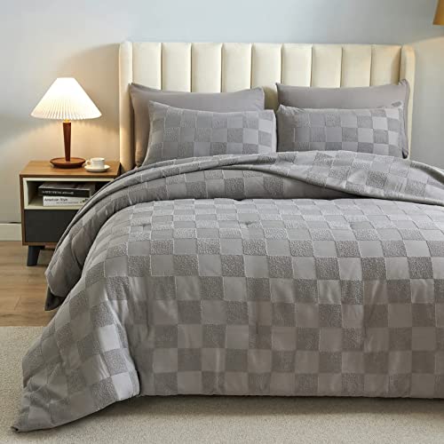 BESTCHIC 7 Piece Grid Bed in a Bag, Grey Plaid Comforter Set Queen Size, Embroidery Shabby Chic Tufted Comforters and Sheet, All Season Soft Microfiber Complete Bedding Sets (90x90 Inches)