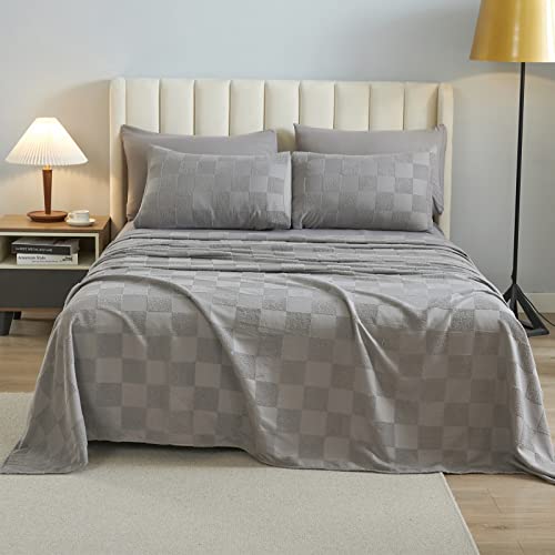 BESTCHIC 7 Piece Grid Bed in a Bag, Grey Plaid Comforter Set Queen Size, Embroidery Shabby Chic Tufted Comforters and Sheet, All Season Soft Microfiber Complete Bedding Sets (90x90 Inches)