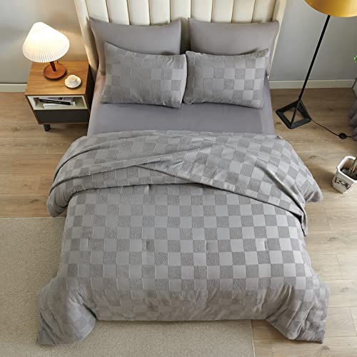 BESTCHIC 7 Piece Grid Bed in a Bag, Grey Plaid Comforter Set Queen Size, Embroidery Shabby Chic Tufted Comforters and Sheet, All Season Soft Microfiber Complete Bedding Sets (90x90 Inches)