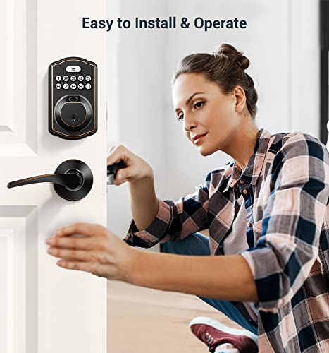 Veise Fingerprint Door Lock with 2 Lever Handles - Keyless Entry Door Lock, Electronic Keypad Deadbolt & Front Door Lock Handle Sets, Auto Lock & 1 Touch Locking, Easy Installation, Oil Rubbed Bronze