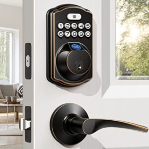 Veise Fingerprint Door Lock with 2 Lever Handles - Keyless Entry Door Lock, Electronic Keypad Deadbolt & Front Door Lock Handle Sets, Auto Lock & 1 Touch Locking, Easy Installation, Oil Rubbed Bronze