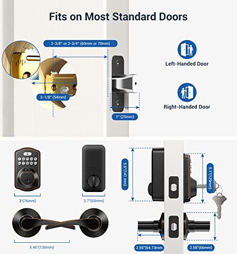 Veise Fingerprint Door Lock with 2 Lever Handles - Keyless Entry Door Lock, Electronic Keypad Deadbolt & Front Door Lock Handle Sets, Auto Lock & 1 Touch Locking, Easy Installation, Oil Rubbed Bronze