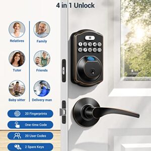 Veise Fingerprint Door Lock with 2 Lever Handles - Keyless Entry Door Lock, Electronic Keypad Deadbolt & Front Door Lock Handle Sets, Auto Lock & 1 Touch Locking, Easy Installation, Oil Rubbed Bronze